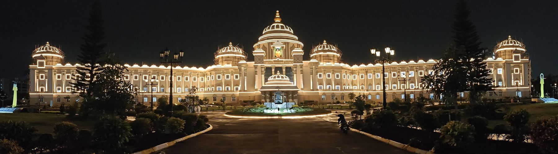 Hospital façade illuminated at night