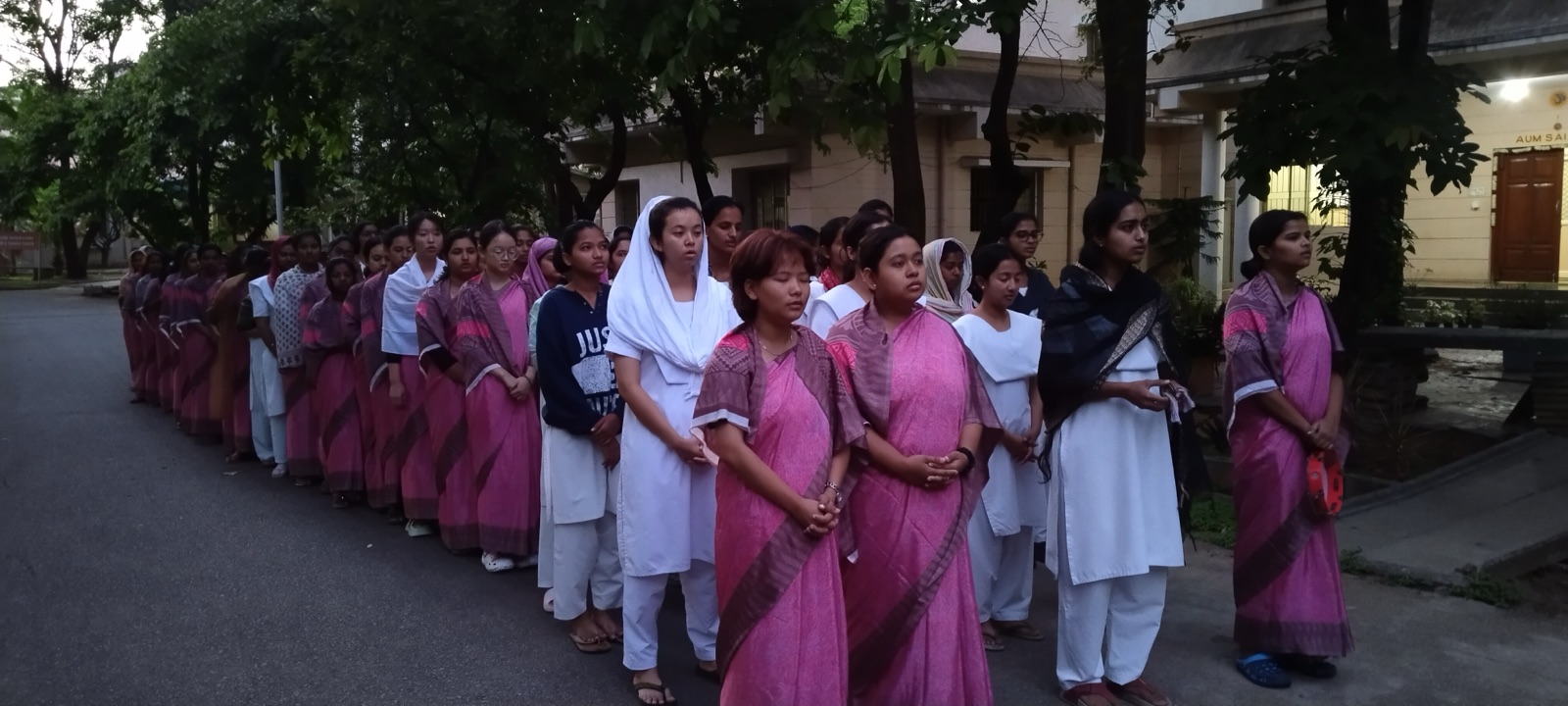 Nursing students walking in Nagarasankeerthanam, a devotional singing procession
