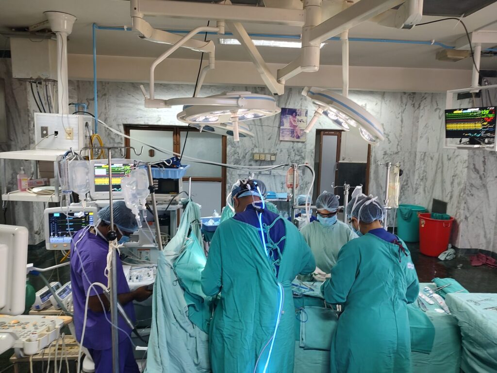The surgical team at the operating table during cardiac surgery